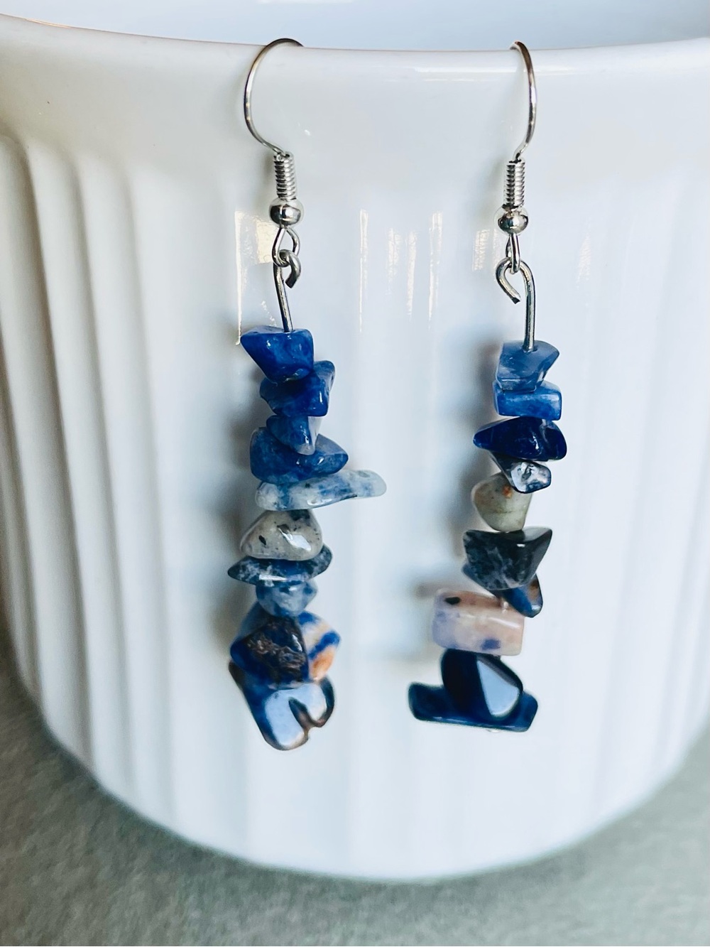 Handmade Blue Chip Stone Dangle Earrings - Picture 7 of 8